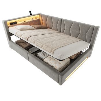 Cama Tapizada 140x200 Con Almacenaje Hidráulico, Led Y Usb, Cama De Terciopelo Gris