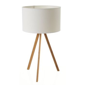 Lámpara de mesa trípode en bambú natural y pantalla lino blanco de 30x55 cm Punto de luz auxiliar para mesita de noche o salón. Cable de 150 cm con interruptor. Casquillo E14. No incluye bombilla