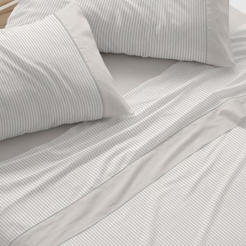 Juego De Sábanas 100% Algodón Extrasuave Diseño Rayas Azul 120 X 190/200 Cm - Greige - Burrito Blanco