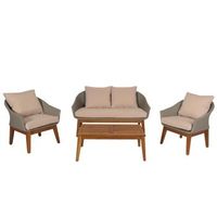 mobiliario de jardin sofa sillones y mesa en polirratan y madera de acacia con cojines beige 040008322
