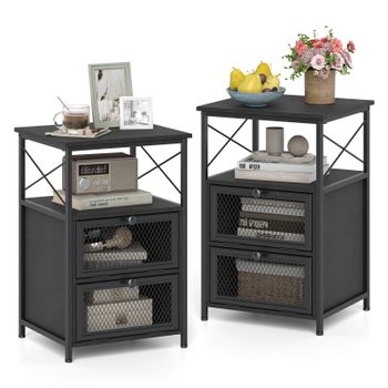 Costway Juego de 2 Mesitas de Noche con Estructura Metálica Robusta Espacios de Almacenamiento Prácticos 40 x 35 x 61 cm para Dormitorio Negro