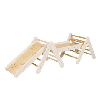 Meowbaby Triángulo De Escalada Con Tobogán Y 2 Paredes De Escalada Para Niños, Blanc/naturel