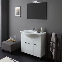 mueble de bano de pie de 85 cm en blanco brillo espejo y lampara smeraldo