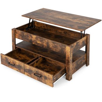 Costway Mesa de Centro con Tablero Elevable con Compartimento Estante de Almacenamiento y 2 Cajones Sistema Neumático 106 x 74 x 61 cm Marrón