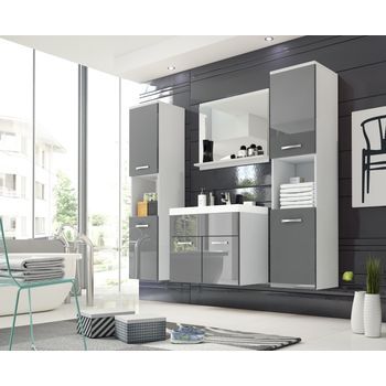 Conjunto De Muebles De Baño Montreal Xl, Juego De Muebles De Baño, Muebles De Baño Pequeños, Lavabo Incluido, Color Blanco/gris Brillo