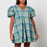 ganni checked cotton-blend-seersucker mini dress - eu 36uk 8