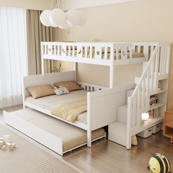 Cama Litera Infantil 90x200 Y 140x200 Cm De Madera Maciza Blanca Con Escalera De Seguridad, Cama Nido Y Somier De Lamas