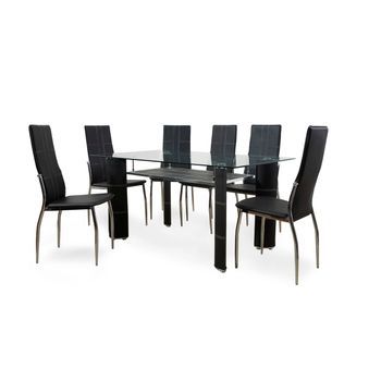 Mesa De Cristal Templado + 6 Sillas En Polipiel/metal Negro 150x90 Cm