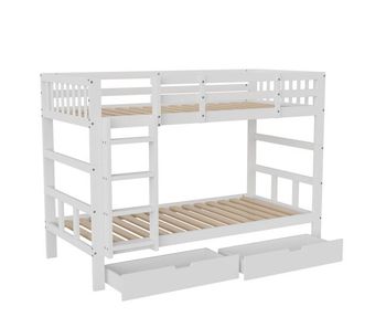 Cama infantil montessori de suelo de 90x200 cm en madera maciza de pino, con cajones y somier de láminas, color blanco