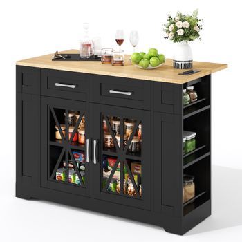 Isla De Cocina De 120 Cm, Mesa Plegable, Estante Abierto, Toma De Corriente, Usb, Puerta De Cristal, Negro + Natural