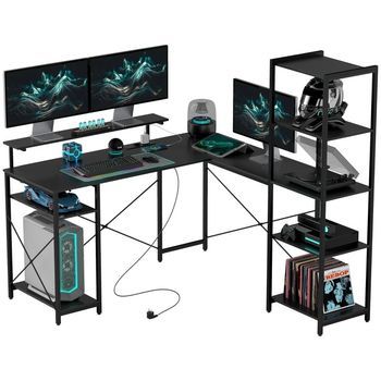 Escritorio En L 137x140x139,5 Cm, Mesa De Ordenador Esquinera Con Estación De Carga Y Soporte De Monitor, Madera Y Metal, Negro