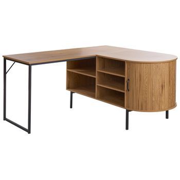 Escritorio Esquinero De Oficina Con 3 Estantes Y Puerta Corredera 140 X 140 Cm Marrón Claro Con Negro Solari