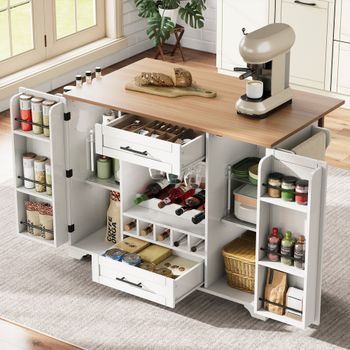 Isla De Cocina Con Ruedas, Encimera Abatible, Botellero Y Almacenamiento, 138 Cm