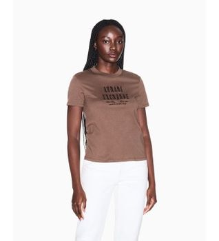 A|X Armani Exchange para mujer. XW002334AF10358U6136 Camiseta boxy marrón (XL), Casual, Algodón, Manga corta