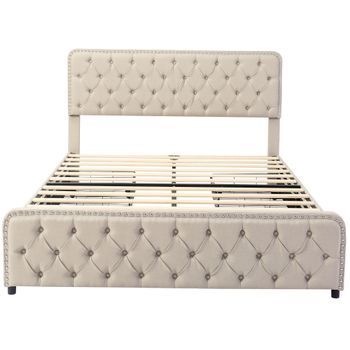 Cama De Adulto Tapizada 180x200cm Con 4 Cajones Tejido De Lino Con Cabecero Regulable Y Somier Beige