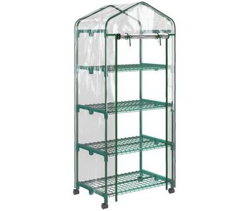Outsunny invernadero de exterior con 4 estantes y ruedas, invernadero pequeño con puerta enrollable, marco de acero y cubierta de pvc, anti-uv para plantas, macetas, flores, 70x50x165 cm, transparente