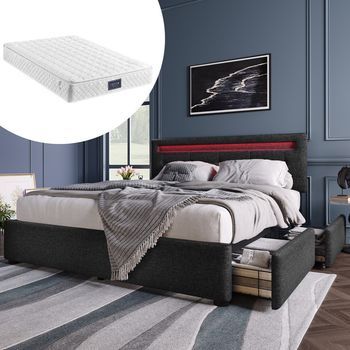 Cama Doble Con Led, 4 Cajones, Cabecero Ajustable, Somier De Lamas De Madera, Acolchada, Negra, 140x200 Cm, Con Colchón