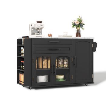 Isla De Cocina Con Ruedas Y Encimera Abatible, 138 X 70 X 90 Cm, Almacenaje Negro
