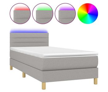 Cama box spring colchón y luces led tela gris claro 90x200 cm rayas horizontales