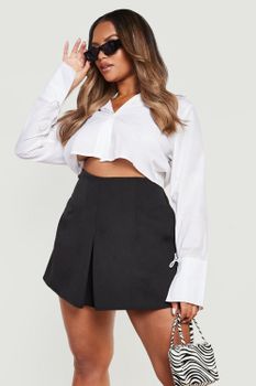 Falda Pantalón Plus Plisada Entallada De Tela, Negro