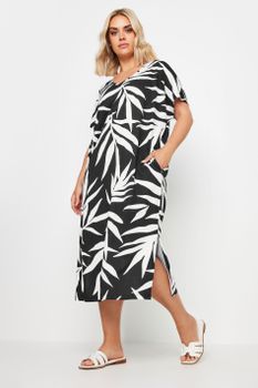 Yours Bata Negra De Algodón Estampado Palmeras, Mujer Curvy Y Tallas Grandes, Yours