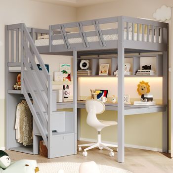 Cama Alta Infantil 90x200 Con Escritorio Integrado, Escalera Y Led, Gris