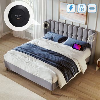Cama Tapizada 160 X 200 Cm Para Adulto - Usb + Tipo C - Tejido Lino - Gris