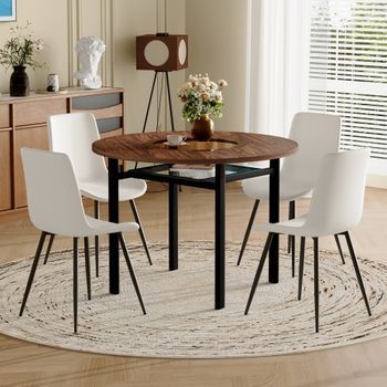 Mesa Y 4 Sillas - Mueble De Comedor - Mdf, Metal Y Pu - Marrón Y Blanco (100x100cm)