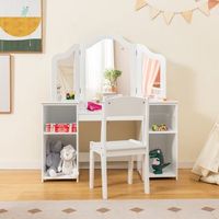 mesa de tocador y silla para ninos espejo tri-plegable removible 4 compartimentos almacenamiento blanco cfw84911