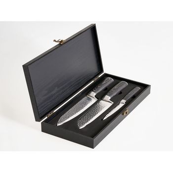 Conjunto De 3 Cuchillos De Cocina Modernos Afilados A Mano Dureza 62 Hrc Acero Inoxidable De Damasco Negro Kashiwa