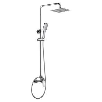Kibath Columna De Ducha Extralarga Monomando Six | Altura Regulable 100-150 Cm | Latón Macizo Cromo Brillo | Diseño Cuadrado Con Rociador Efecto Lluvia Y Alcachofa | Ideal Techos Altos