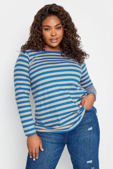 Yours Camiseta Manga Larga Algodón Rayas Azules, Mujer Curvy Y Tallas Grandes, Yours