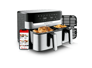REACONDICIONADO Seminuevo Muy bueno Freidora de aire - Moulinex Dual Fry & Grill EZ905D, Cocinado Dual, 2700 W, 8.3 L, 2 Cubetas, 200 °C