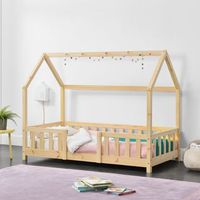 cama para ninos de madera pino - 80 x 160 cm - cama infantil con reja protectora - forma de casa - casita - pino natural encasa