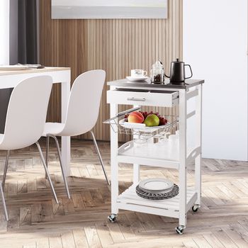 Carro De Servicio De 4 Niveles Isla De Cocina Rodante Con Encimera De Metal Blanco
