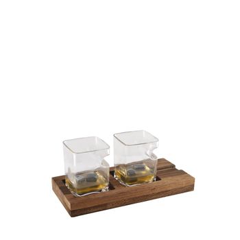 Dúo whisky dos vasos con soporte de madera