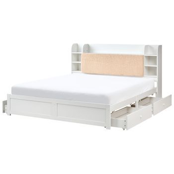 Cama Con Somier 180 X 200 Cm De Madera De Pino Mdf Minimalista Con Almacenaje 4 Cajones Y Estantes Cabecero De Bouclé Beige Blanco Bizou