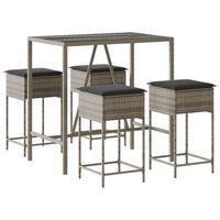 juego de bar de jardin de 5 piezas con cojines ratan pe gris vidaxl