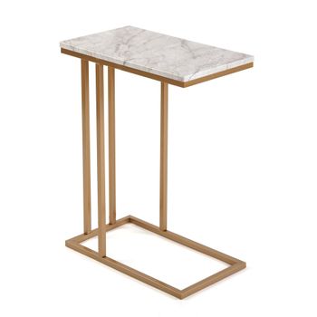 Mesa auxiliar en aglomerado efecto madera y metal mármol y dorado