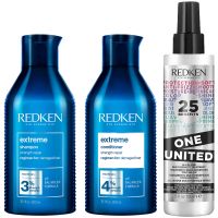 redken extreme shampoo conditioner and one united multi-benefit leave-in treatment strength repair bundle for damaged hair