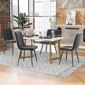 Conjunto De Mesa Y 4 Sillas - Mueble Para Comedor - Mdf Y Terciopelo - Gris Oscuro (117cm)