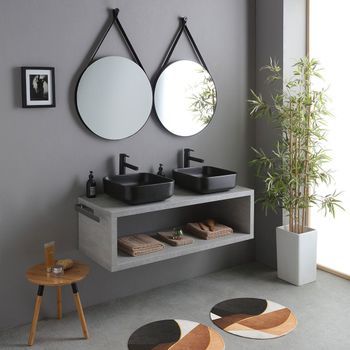 Mueble De Baño Suspendido 120cm Cemento Con Lavabo Cuadrado Negro Mate | Kyoto