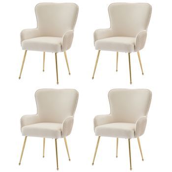 Juego De 4 Sillas De Terciopelo - Con Reposabrazos Y Patas De Metal Dorado - Beige Y Dorado