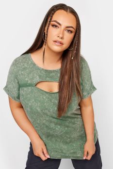 Yours Camiseta De Algodón Cut Out Verde Lavado, Mujer Curvy Y Tallas Grandes, Yours